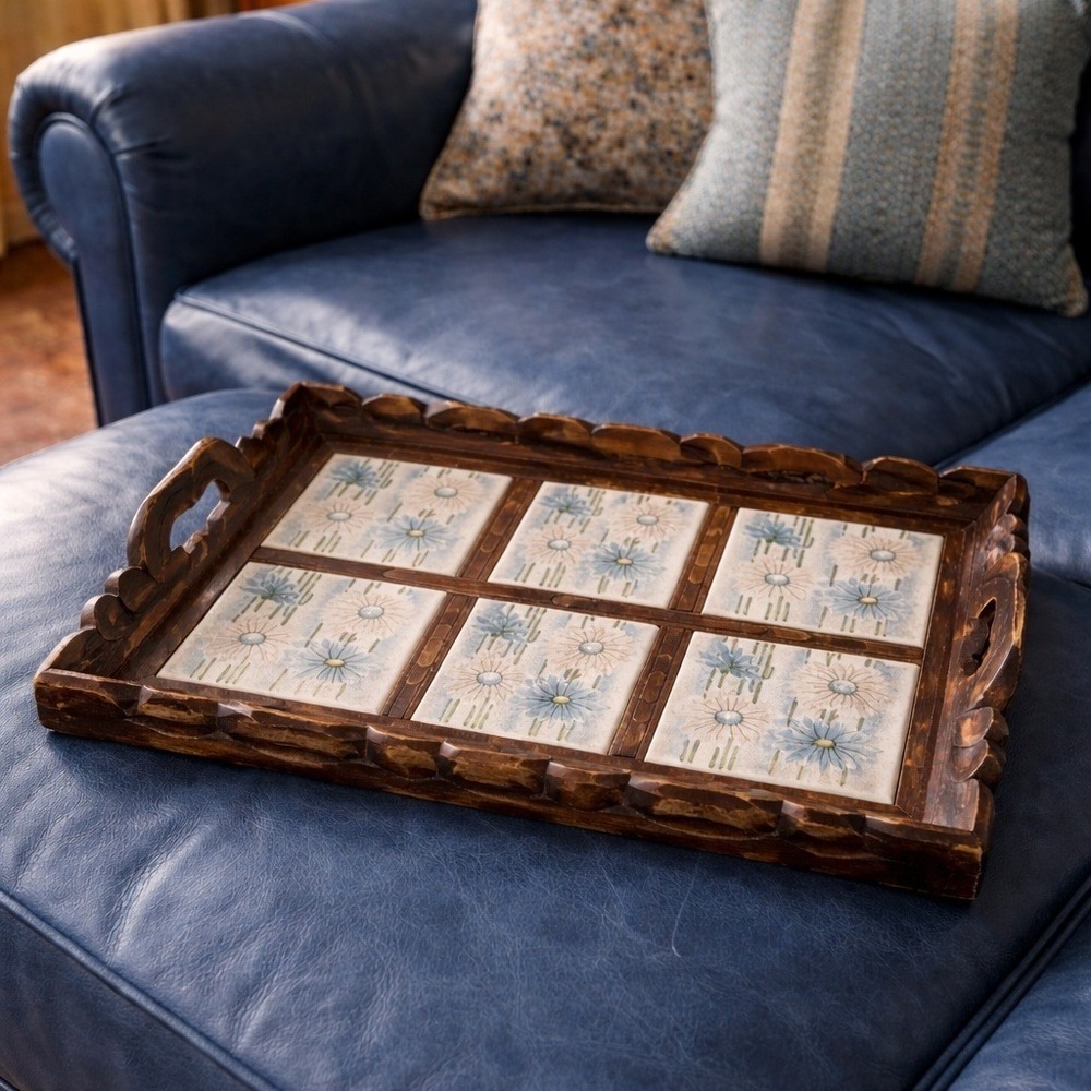 Vintage Mexican  Wood‎ Tray with Floral Tile Inlay Decorative Serving Tray